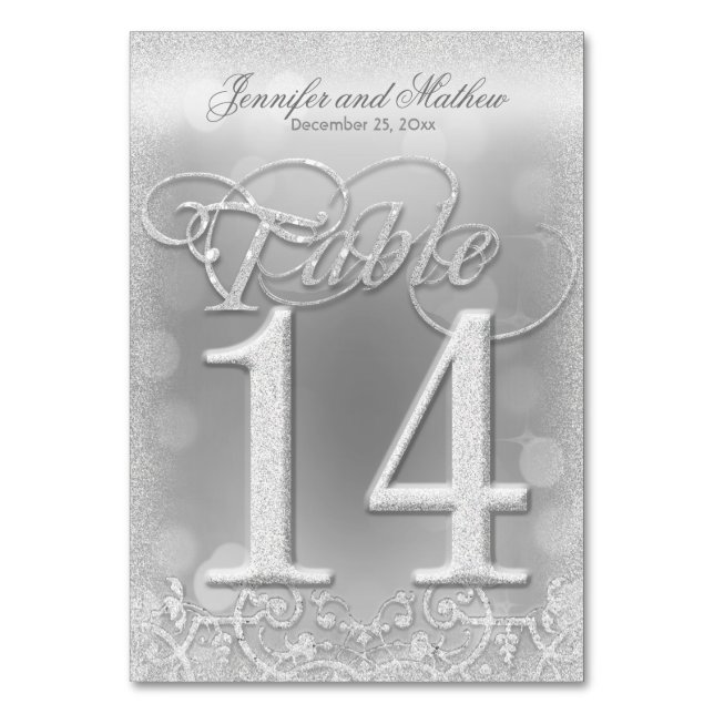 Table Number 14 Elegant Silver Faux Glitter (Front)