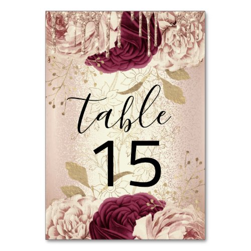 Table Number 15 Drips Floral Rose Marsala Burgundy