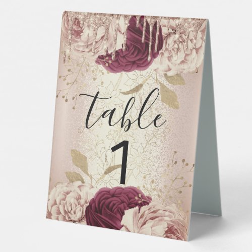 Table Number 1 Drips Florals Rose Marsala Burgundy Table Tent Sign