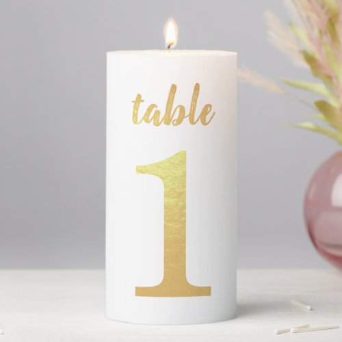 Table Number 1 Faux Gold Foil Simple Handwriting Pillar Candle