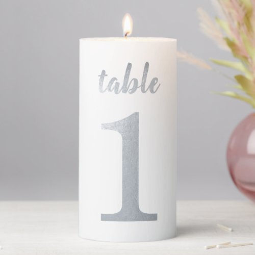 Table Number 1 Faux Silver Foil Simple Handwriting Pillar Candle