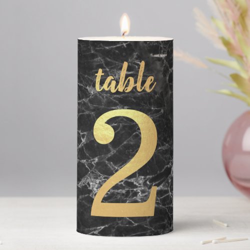 Table Number 2 Faux Gold Foil Black Marble Elegant Pillar Candle