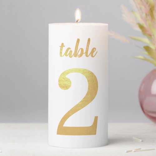 Table Number 2 Faux Gold Foil Simple Elegant Pillar Candle
