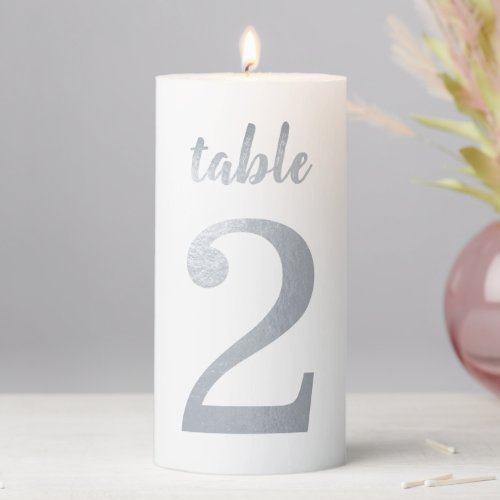 Table Number 2 Faux Silver Foil Simple Script Gray Pillar Candle