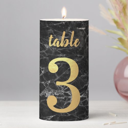 Table Number 3 Black Marble Elegant Faux Gold Foil Pillar Candle