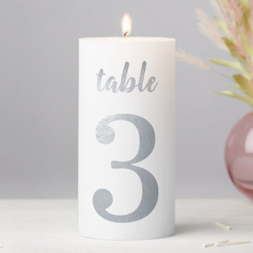 Table Number 3 Faux Silver Foil White Gray Wedding Pillar Candle