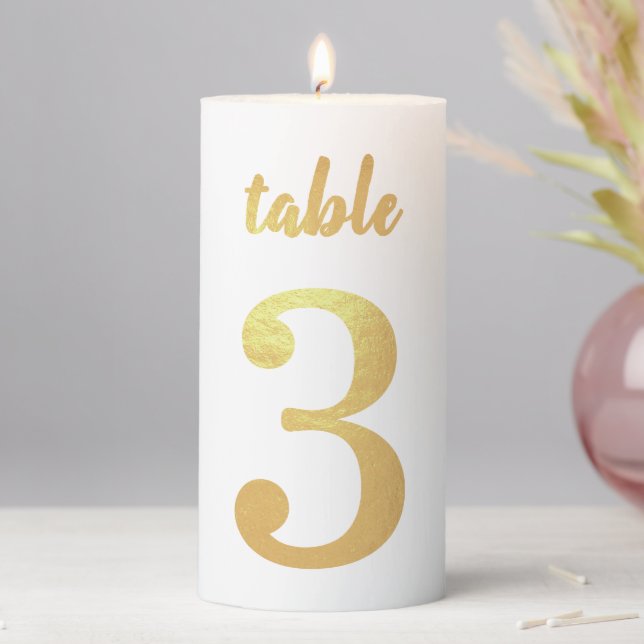 Table Number 3 Simple Elegant Faux Gold Foil  Pillar Candle (In Situ)