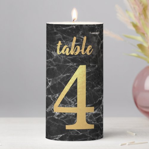 Table Number 4 Faux Gold Foil Black Marble Script Pillar Candle