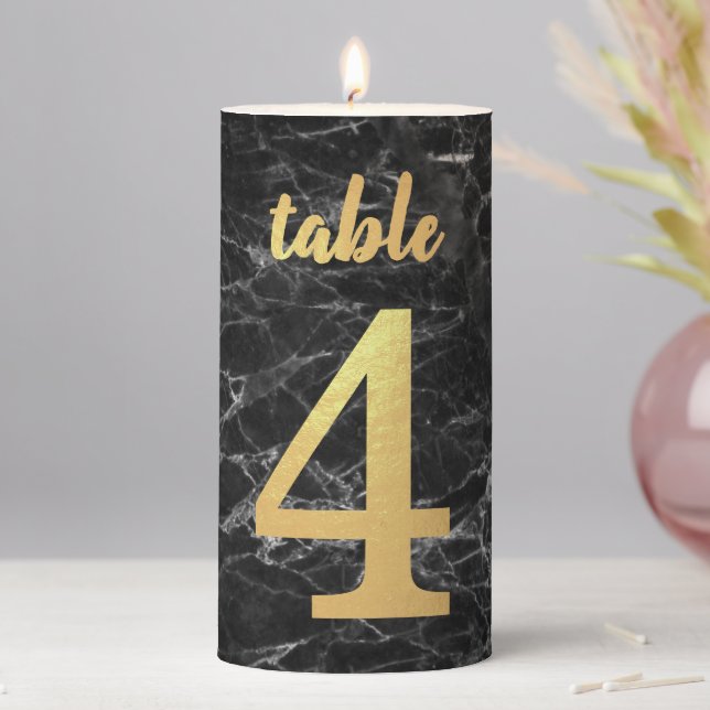 Table Number 4 Faux Gold Foil Black Marble Script Pillar Candle (In Situ)