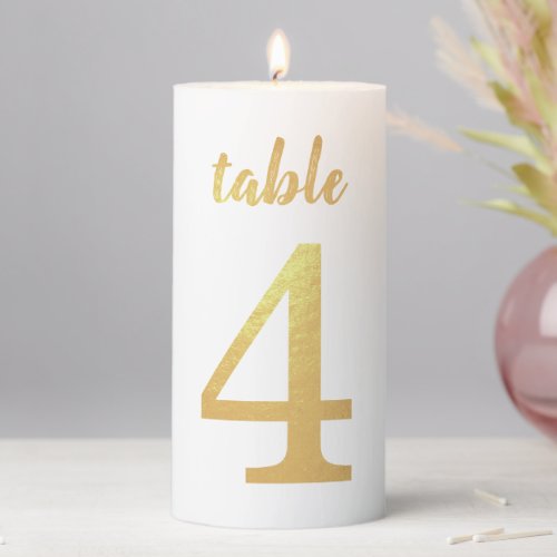 Table Number 4 Faux Gold Foil Handwriting Script Pillar Candle