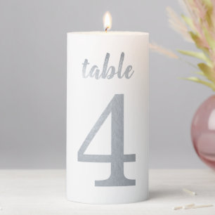 Table Number 4 Faux Silver Foil Script Elegant Pillar Candle