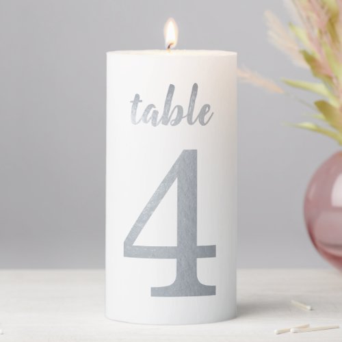 Table Number 4 Faux Silver Foil Script Elegant  Pillar Candle