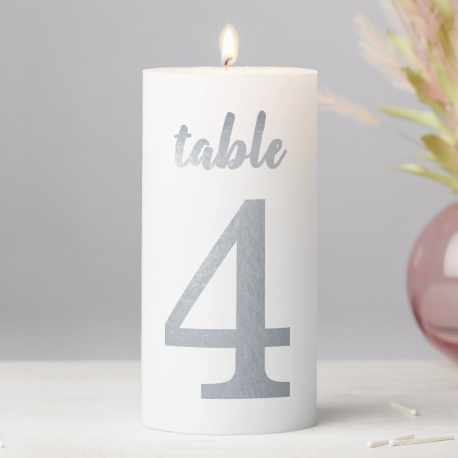 Table Number 4 Faux Silver Foil Script Elegant  Pillar Candle (In Situ)