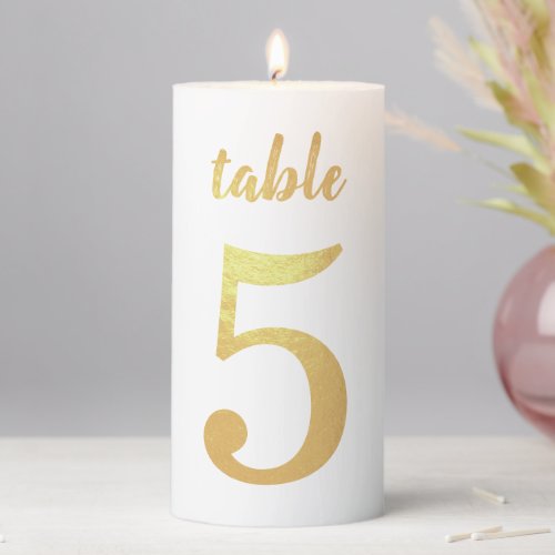Table Number 5 Faux Gold Foil Script Handwriting Pillar Candle