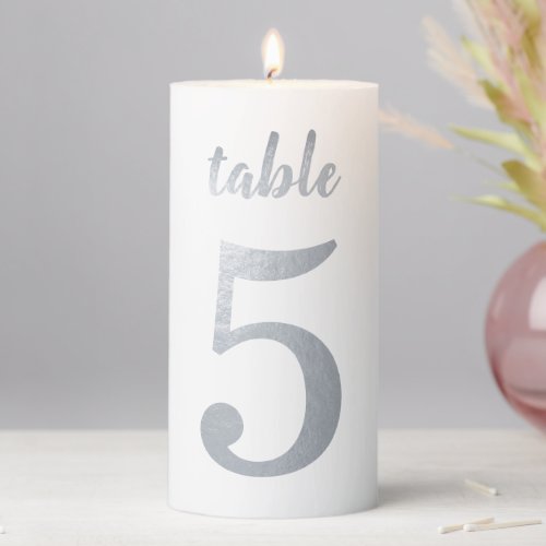 Table Number 5 Faux Silver Foil Handwriting Script Pillar Candle