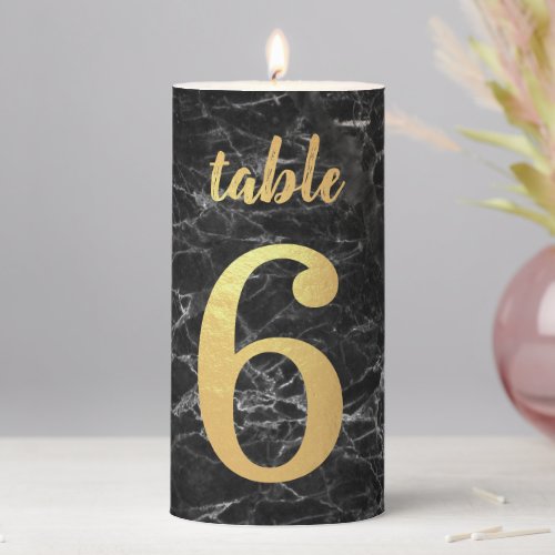 Table Number 6 Black Marble Elegant Faux Gold Foil Pillar Candle