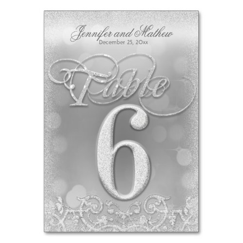 Table Number 6 Elegant Silver Faux Glitter