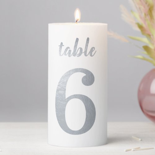 Table Number 6 Faux Silver Foil Handwriting Simple Pillar Candle