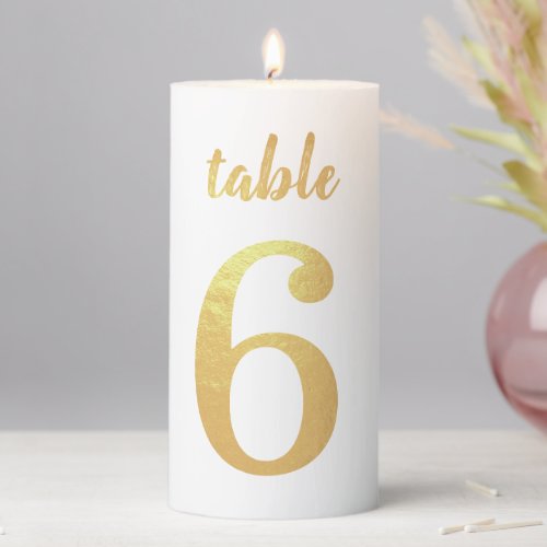 Table Number 6 Simple Faux Gold Foil Handwriting Pillar Candle