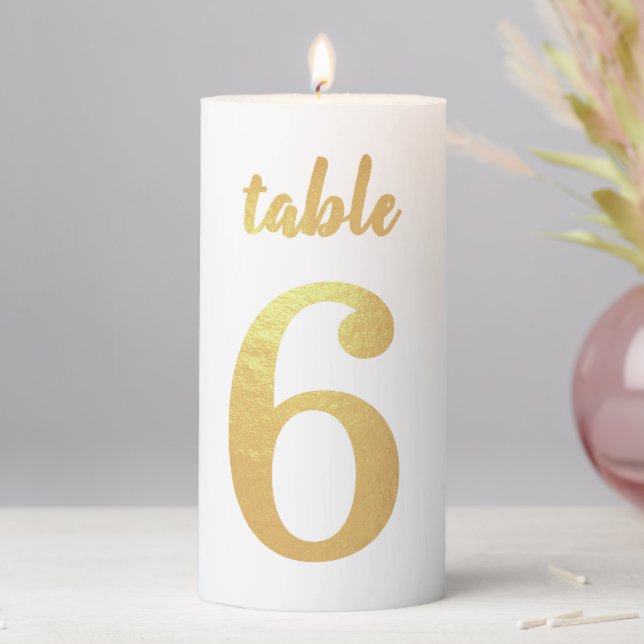 Table Number 6 Simple Faux Gold Foil Handwriting Pillar Candle (In Situ)