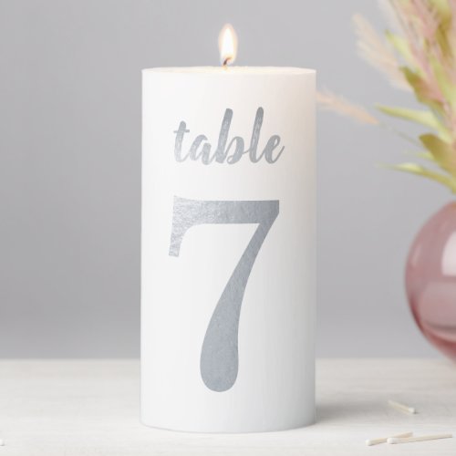 Table Number 7 Faux Silver Foil Handwriting Simple Pillar Candle