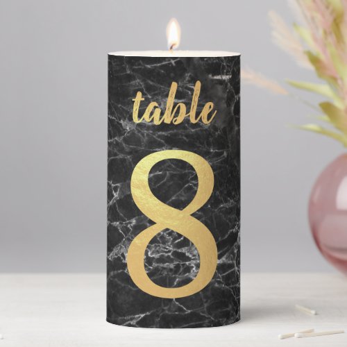 Table Number 8 Faux Gold Foil Black Marble Script  Pillar Candle