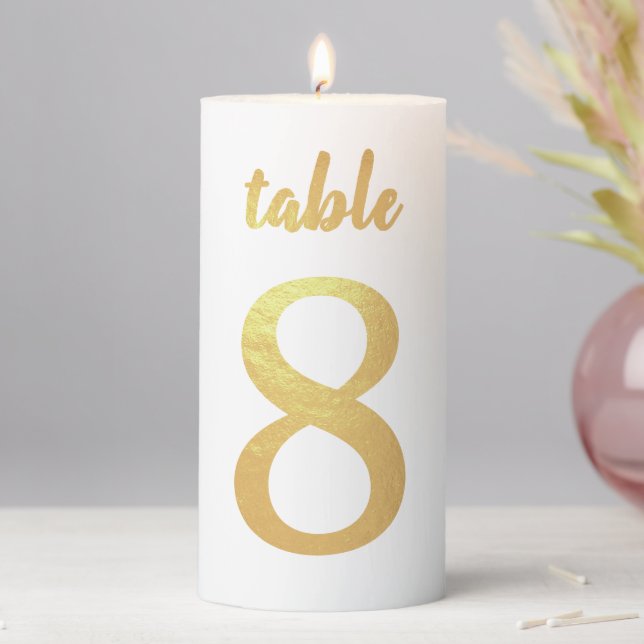Table Number 8 Faux Gold Foil Handwriting Simple Pillar Candle (In Situ)