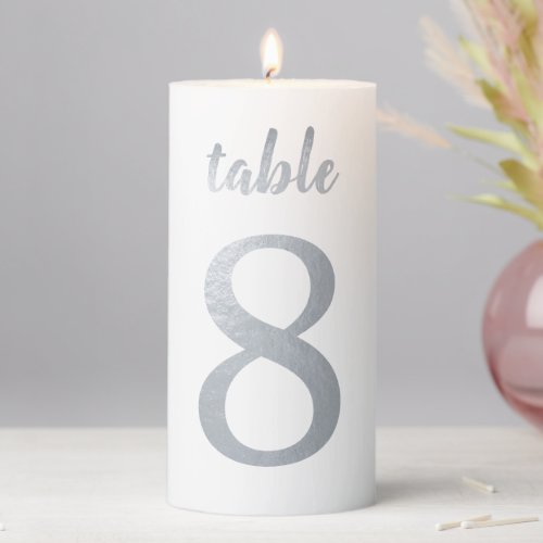 Table Number 8 Faux Silver Foil Simple Handwriting Pillar Candle