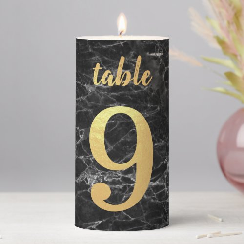 Table Number 9 Black Marble Faux Gold Foil Script Pillar Candle