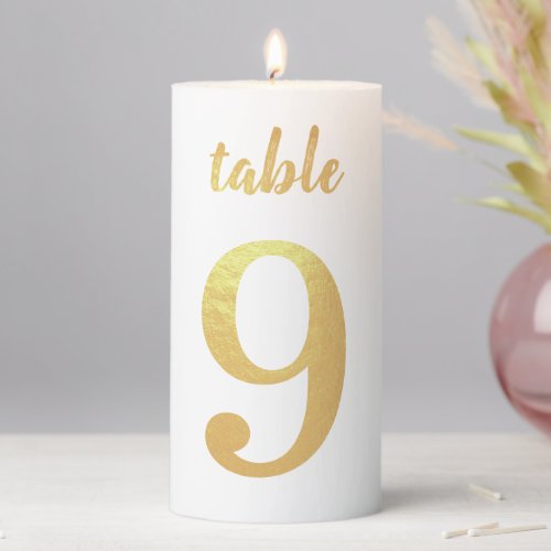Table Number 9 Faux Gold Foil Handwriting Script Pillar Candle