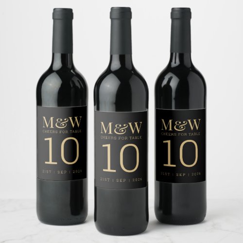 Table Number Black Gold Monogram Wedding Wine Label