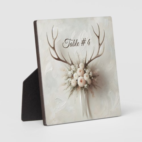 table Number Bridal Bouquet and Deer Antlers Plaque