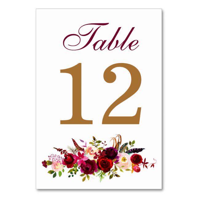 Table Number Card - Burgundy Florals (Front)