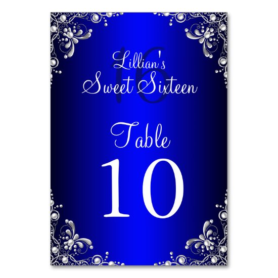 Table Number Card Royal Blue Sweet 16 Silver Pearl