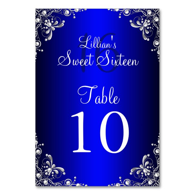 Table Number Card Royal Blue Sweet 16 Silver Pearl (Front)