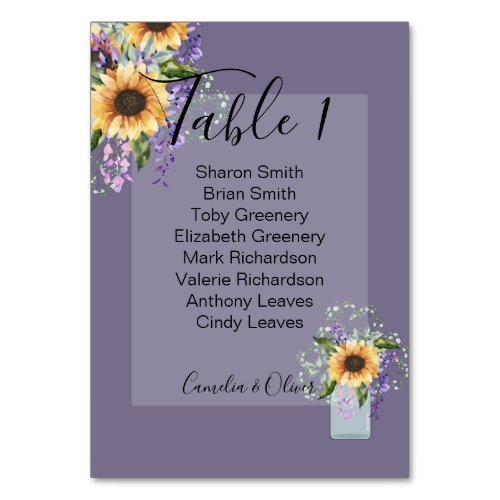 Table Number Card Sunflowers Purple Wisteria