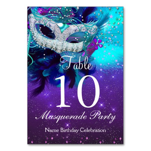 Table Number Card Teal Purple Feather Mask