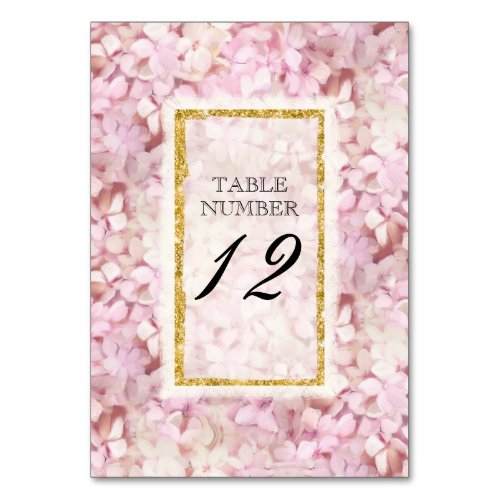 Table Number Card Wedding Pink Hydrangea Gold Faux