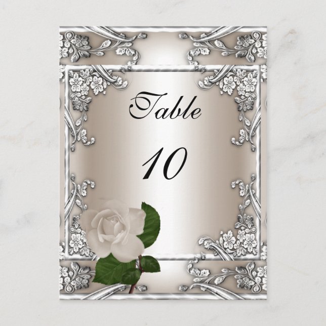 Table Number Card Wedding Silver Cream Rose (Front)