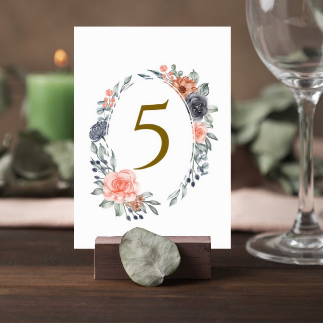 Table Number Card with Soft Peach & Blue Flowers (Creator Uploaded)