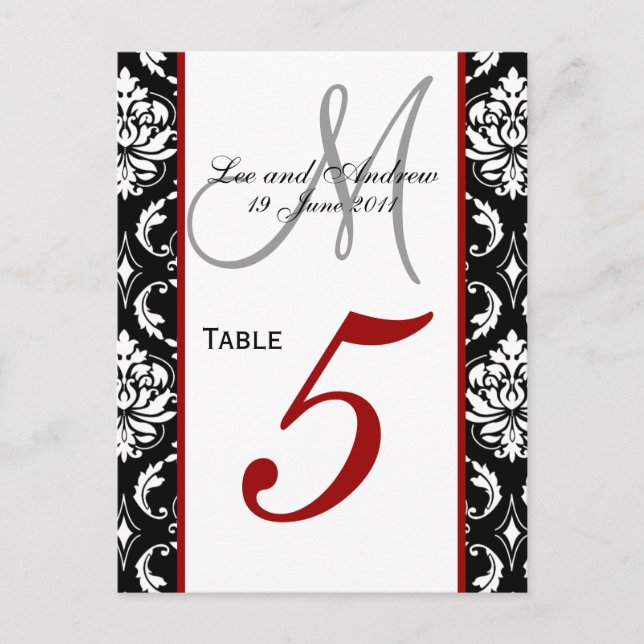 Table Number Cards Damask Red (Front)