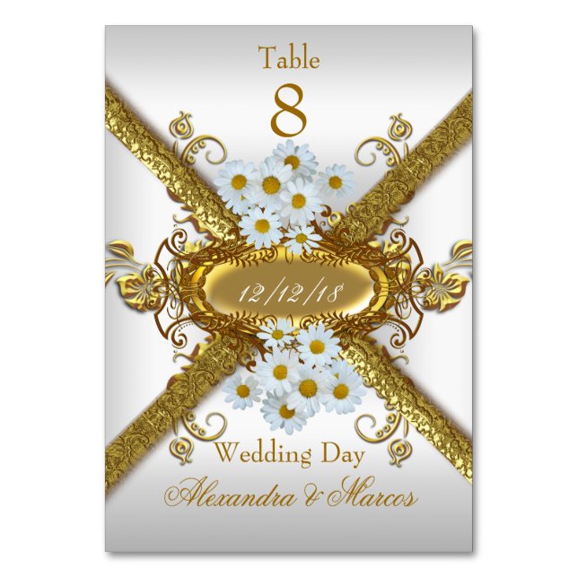 Table Number Cards Wedding White Gold Daisy (Front)