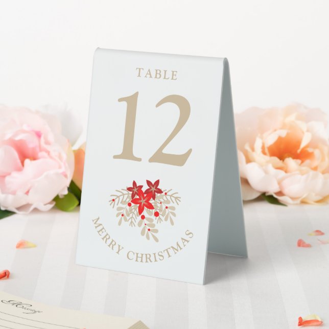 Table Number Christmas Holly Branches Poinsettias Table Tent (In SItu (Wedding))
