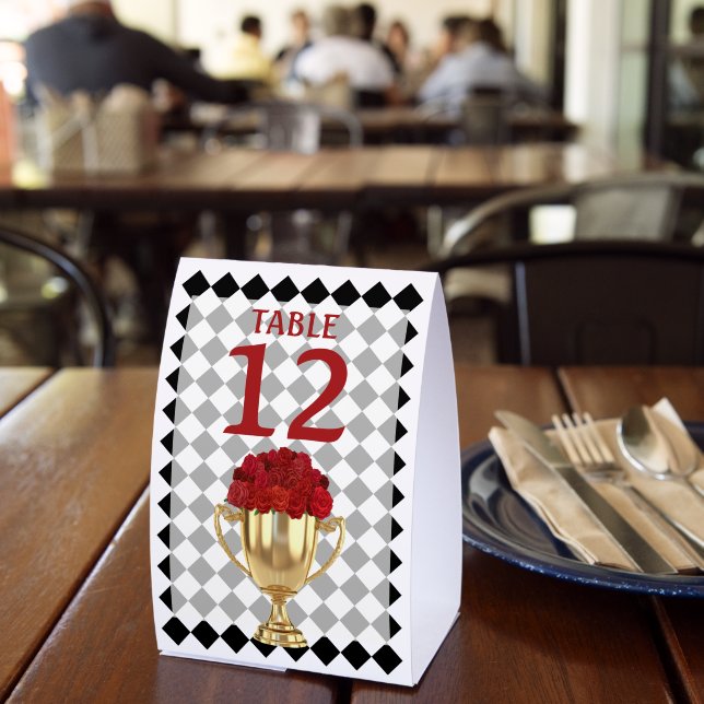 Table Number Derby Trophy and Roses Checkerboard Paper Table Tent (Insitu(Restaurant))