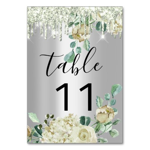Table Number  Drips Florals Mint Glitter Wedding