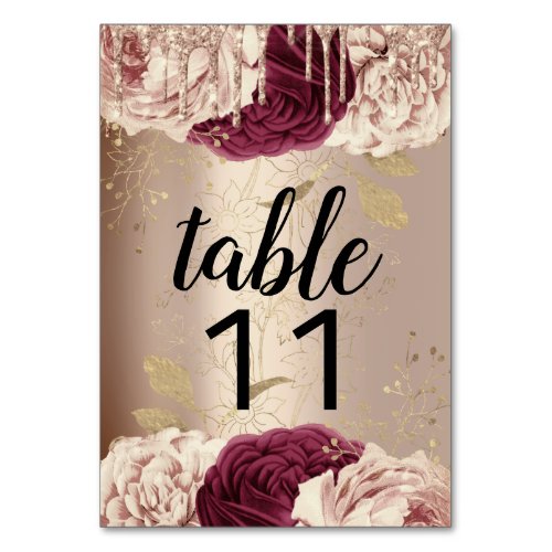 Table Number Drips Florals Rose Marsala Burgund