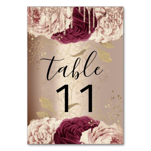 Table Number Drips Florals Rose Marsala Burgund