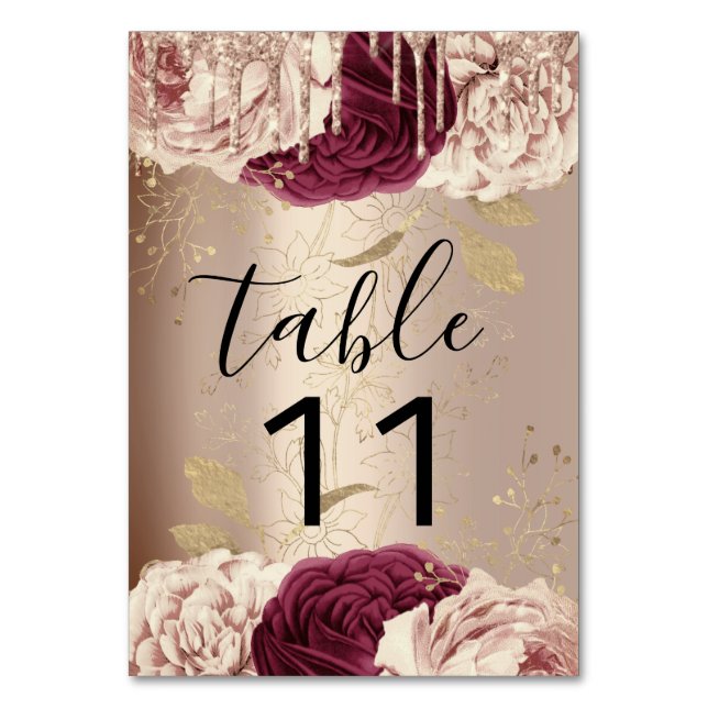 Table Number Drips Florals Rose Marsala Burgund (Front)