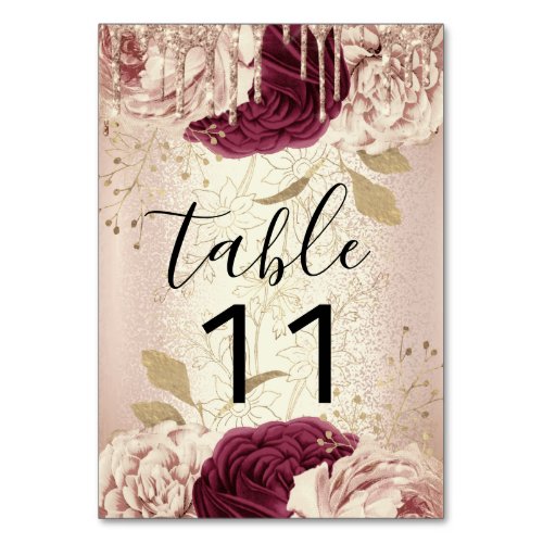 Table Number Drips Florals Rose Marsala Burgundy