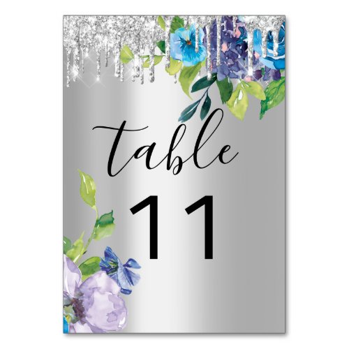 Table Number  Drips Silver Navy Glitter Wedding